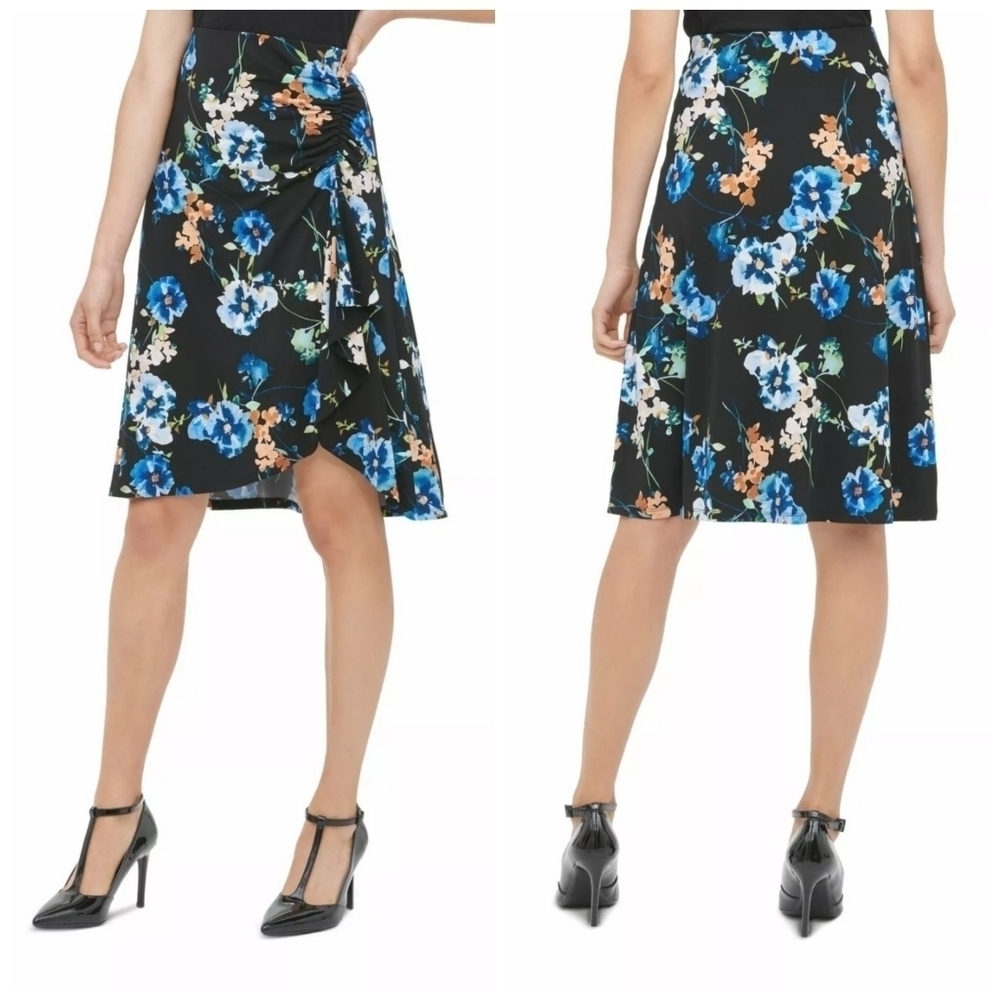 Calvin Klein Floral Ruched Faux Wrap Midi Skirt